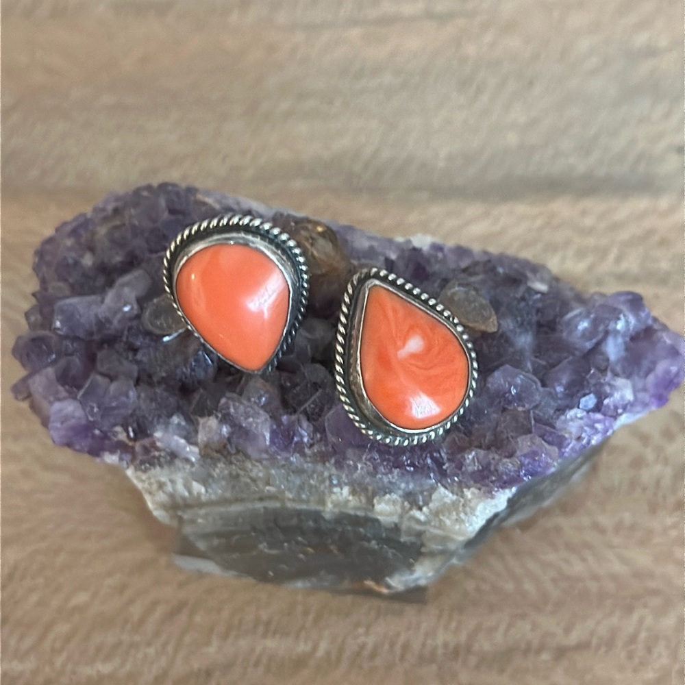 Sterling silver coral teardrop earrings
